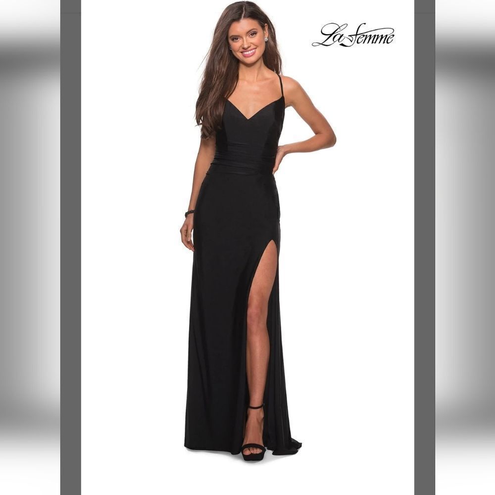 La Femme - 28206 Long Crisscross Strapped High Slit Sheath Gown